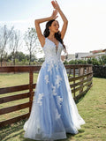 Sky BlueTulle Princess V-neck A-Line Sleeveless Appliques Long Prom Dresses