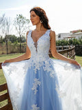 Sky BlueTulle Princess V-neck A-Line Sleeveless Appliques Long Prom Dresses