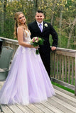 Appliques A Line Lilac Tulle  V Neck Evening Formal Gowns Long Prom Dresses