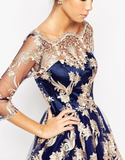 3/4 Long Sleeves Navy Blue Short Lace Prom Dresses Homecoming Dress