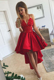 High Low Red Lace Spaghetti Straps V Neck Homecoming Dresses Short Graduation Dress