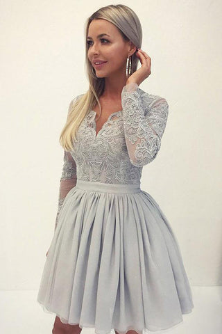 Chic V Neck Long Sleeves Grey Lace Homecoming Dress Short Prom Graduation Dresses