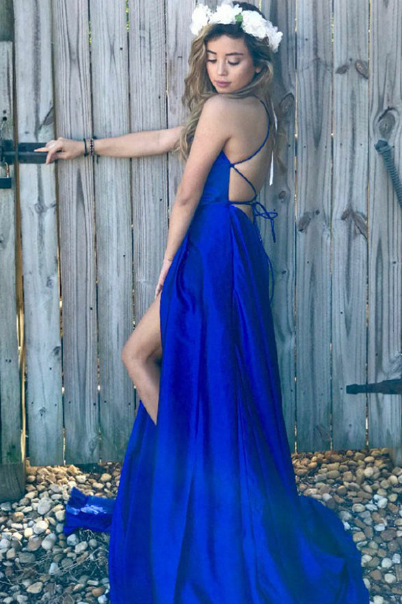 Simple Royal Blue Backless Spaghetti Straps Split Prom Dresses Formal Dress Gowns