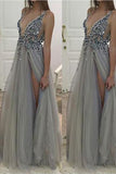 Grey Beads Long Backless Deep V Neck Prom Dress Evening Gown