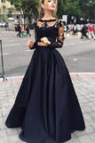 Black Lace Two Piece Long Sleeves Formal Grad Evening Gowns Prom Dresses