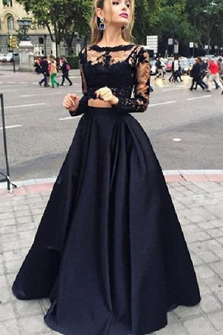 Black Lace Two Piece Long Sleeves Formal Grad Evening Gowns Prom Dresses