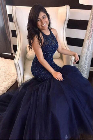 Halter Mermaid Navy Blue New Long Beaded Formal Evening Gowns Prom Dresses