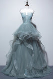 Gray Spaghetti Straps Formal Evening Party Dresses Tulle Princess Long Formal Prom Dresses