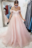 Off The Shoulder A Line Light Pink Simple Party Dress Long Tulle Prom Evening Dress