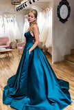 Spaghetti Straps Pageant Dance Dresses Ink Blue A-Line Satin School Party Gown Long Prom Dress
