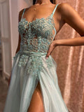 Mint Green Formal Evening Dress Tulle Lace A Line Appliques Long Prom Dress