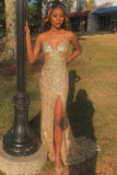 Gold Mermaid Sequin Sheath Spaghetti Straps Long Prom Dress With Side Slit