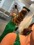 One Shoulder Mermaid Shiny Green Formal Graduation Evening Dresses Sequins Long Prom Dresses