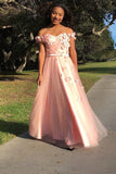 A-Line Sweet 16 Applique Evening Dresses Off Shoulder Pink Prom Dresses
