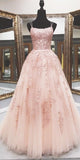 Pink A Line Tulle Lace Appliques Long Prom Dresses With Straps