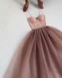 Dusty Rose Spaghetti Straps Sweetheart Evening Party Dress A-Line Tulle Floor Length Prom Dress