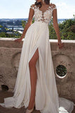 Ivory Lace Cap Sleeves Beach Front Slit See Wedding Gowns - Laurafashionshop