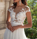 Ivory Lace Cap Sleeves Beach Front Slit See Wedding Gowns - Laurafashionshop