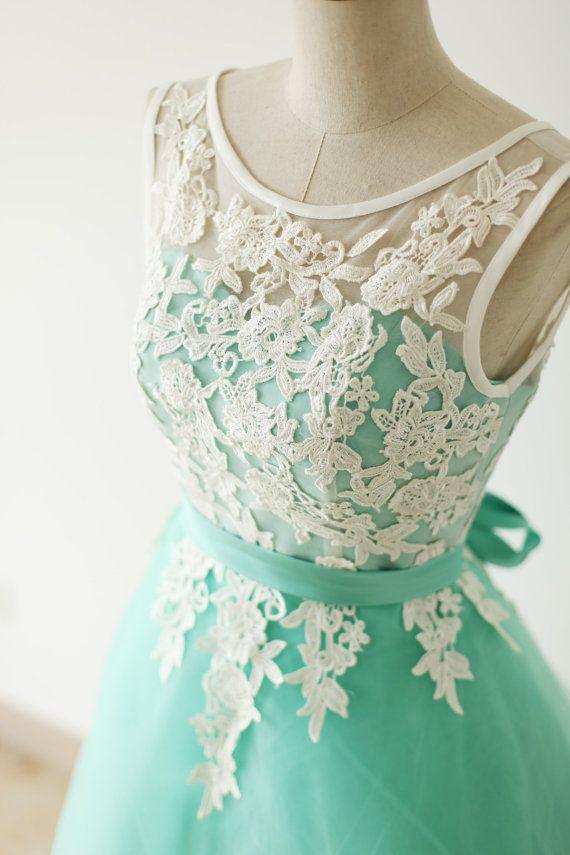 Mint Green Lace Cute Homecoming Dresses Prom Dresses - Laurafashionshop