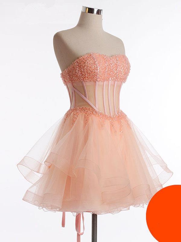 Beading Tulle Blush Pink Cute Homecoming Dress Prom Dresses - Laurafashionshop