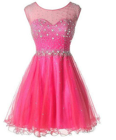 Hot Pink  Cute Short Tulle Backless Fashion Homecoming Dress Prom Dresses - Laurafashionshop