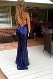 Evening Dress Mermaid SequinsFormal Dress Long  Spaghetti Straps V-Neck Navy Blue Long Prom Dress