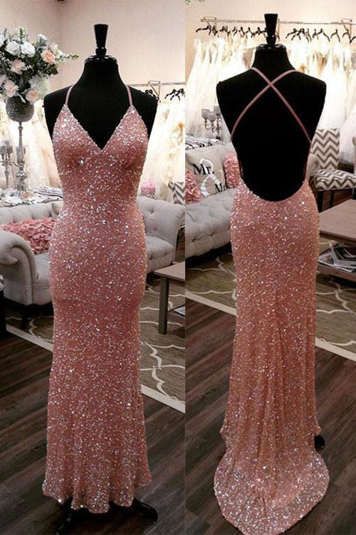 Pink Evening Dress Mermaid Spaghetti Straps Sequins Long Prom Sress