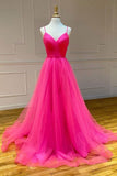 Hot Pink A Line Evening Dress Dance Dresses Long Formal Dress Tulle Prom Dresses