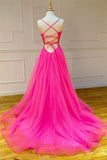 Hot Pink A Line Evening Dress Dance Dresses Long Formal Dress Tulle Prom Dresses