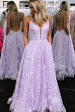 Appliques Lilac A-Line Lace Straps Long Prom Dresses With Pockets