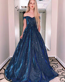 Off Shoulder Sweetheart A Line Blue Formal Evening Dresses Long Prom Dresses