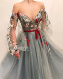 Long Sleeves A Line Off The Shoulder Tulle Long Prom Dresses With Flowers