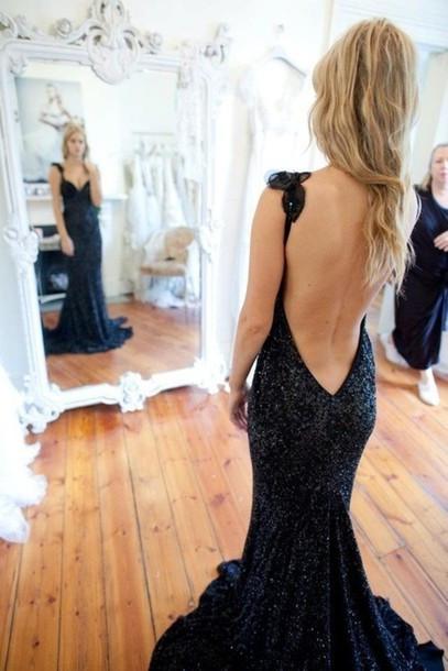 Open Back Navy Blue Sequin Mermaid Prom Dress Evening Party Dresses Prom Gowns