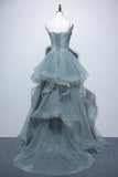 Gray Spaghetti Straps Formal Evening Party Dresses Tulle Princess Long Formal Prom Dresses