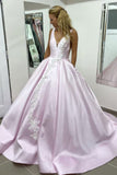 V-Neck Ball Gown Long Lace Light Pink Satin Appliques Evening Dresses Prom Dresses