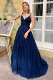 A -Line V-Neck Spaghetti Straps Navy Blue Lace Tulle Appliques Long Evening Gowns Prom Dresses