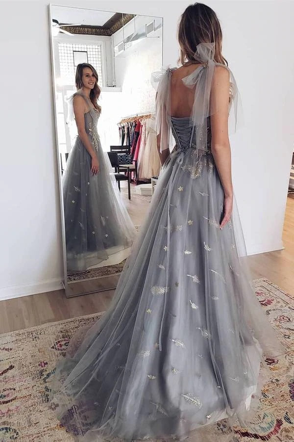 Tulle Elegant Lace-Up A-line Grey Back Sweetheart Long Prom Dress