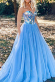 Sweetheart Shiny Formal Evening Dresses Sequins BlueTulle Long Prom Dresses
