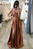 Simple Evening Party Dresses A Line Brown Long Prom Dress With Slit