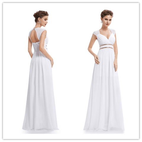 Cap Sleeve Open Back White Chiffon Bridesmaid Dresses Prom Dresses - Laurafashionshop