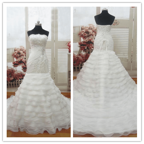 Long White Luxurious Mermaid lace tiered skirt wedding dresses bridal gowns - Laurafashionshop