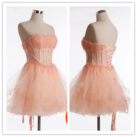 Beading Tulle Blush Pink Cute Homecoming Dress Prom Dresses - Laurafashionshop