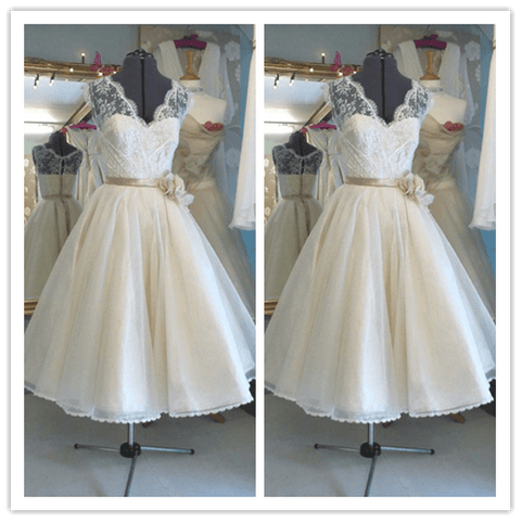 Vintage Tea length Short lace bridal gown - Laurafashionshop