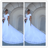 Cap Sleeves White Lace Court Train Bridal Gown Wedding Dress - Laurafashionshop