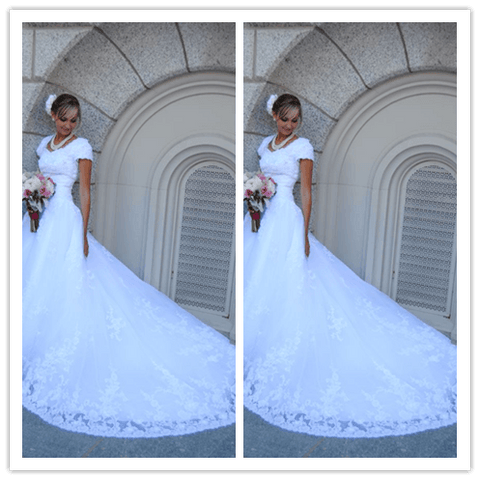 Cap Sleeves White Lace Court Train Bridal Gown Wedding Dress - Laurafashionshop