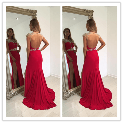 Backless Charming Beading Real Made Red Prom Dresses - Laurafashionshop