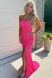 Sparkly Mermaid Hot Pink Evening Gown  Sequined Sleeveless Long Prom Dress with Slit