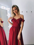 A-line Spaghetti Straps Burgundy  Long Prom Dresses With Slit