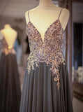 Chic A-line Sleeveless Lace Grey Chiffon Long Prom Dresses, Evening Gowns