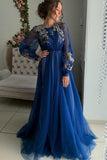 A Line Long Sleeve Long Evening Dresses Appliques Charming Tulle Prom Dresses